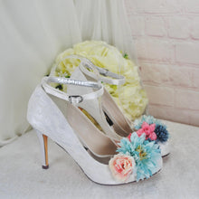 Load image into Gallery viewer, Bridal Lace Heels – White Lace Bridal Shoes with Pearl Strap & Floral Details • UK5/US7.5