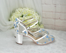 Load image into Gallery viewer, Something Blue Block Heel Embroidered Sandals, Floral Wedding Shoes