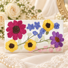 Load image into Gallery viewer, Colourful Floral Embroidered Bridal Clutch Bag – Ivory Satin Wedding Purse with Chain