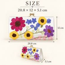 Load image into Gallery viewer, Colourful Floral Embroidered Bridal Clutch Bag – Ivory Satin Wedding Purse with Chain