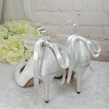Load image into Gallery viewer, Ivory Lace Bridal Heels: Handmade Wedding Shoes with Pearl Ankle Strap • UK5 / US7.5