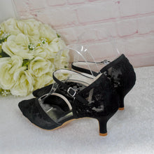 Load image into Gallery viewer, Black Embroidered Lace Kitten Heel Bridal Shoes • UK4 / US6.5