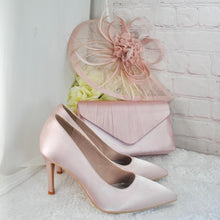 Load image into Gallery viewer, Handmade Pink Satin Bridal Set: Heels, Clutch Bag & Fascinator