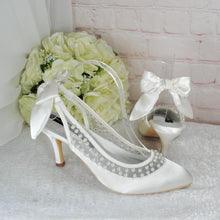 Load image into Gallery viewer, Bridal Slingback Shoes – Satin Bridal Heels with Pearls & Bow Detail, UK6 / US8.5