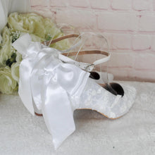 Load image into Gallery viewer, White Embroidered Block Heel Bridal Shoes: Floral Wedding Heels