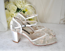 Load image into Gallery viewer, Bridal Block Heel Shoes – Floral Embroidered Ivory Wedding Heels, Comfortable Satin Sandals