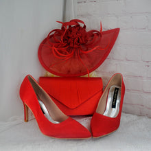 Load image into Gallery viewer, Red Satin Bridal Set: Handmade Heels, Clutch Bag & Fascinator
