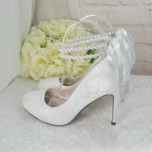 Load image into Gallery viewer, Ivory Lace Bridal Heels: Handmade Wedding Shoes with Pearl Ankle Strap • UK5 / US7.5