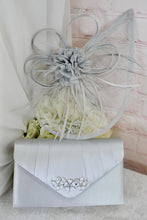 Load image into Gallery viewer, Silver Grey Satin Bridal Shoe Set: Handmade Heels, Clutch & Fascinator