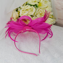 Load image into Gallery viewer, Handmade Fuchsia Pink Satin Bridal Set: Heels, Clutch & Fascinator