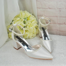 Load image into Gallery viewer, Handmade Ivory Satin Bridal Heels: Pearl Ankle Strap Block Heel Shoes UK4/US6.5