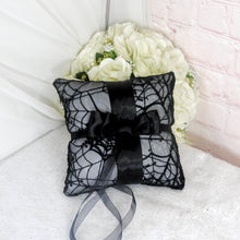 Load image into Gallery viewer, Gothic Wedding, Halloween Ring Pillow: Sparkling Cobweb Spider Bridal Rings