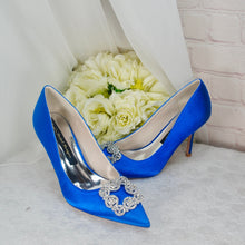 Load image into Gallery viewer, Royal Blue Satin Heels, Clutch Bag and Fascinator Hat Matching Bridal Set, Hatinator Purse Shoes for Wedding Guest Mother of the Bride Groom