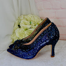 Load image into Gallery viewer, Navy Blue Satin Heels – Pointed Toe Stilettos with Lace and Crystal Embellishments UK4 / US6.5