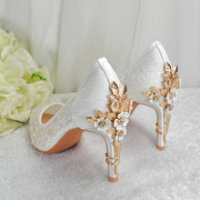 Load image into Gallery viewer, Handmade White Lace Wedding Shoes with Cherry Blossom Heel | Pointed Toe Bridal Heels