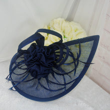 Load image into Gallery viewer, Navy Dark Blue Bag and Fascinator Hat, Matching Bridal Set Hatinator Purse for Wedding Guest Mother of the Bride Groom