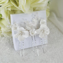 Load image into Gallery viewer, Handmade Gold or Silver Ceramic Flower Hair Pins with Pearls (Set of 3)