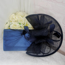 Load image into Gallery viewer, Navy Blue Satin Bridal Set: Heels, Clutch Bag & Fascinator