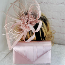 Load image into Gallery viewer, Handmade Pink Satin Bridal Set: Block Heel Shoes, Clutch, Fascinator