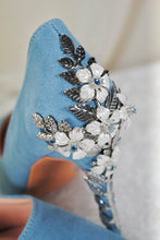 Load image into Gallery viewer, Handmade Blue Suede Heels: Silver Floral Bridal Pumps UK7/US9.5
