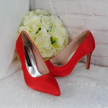 Load image into Gallery viewer, Red Satin Bridal Set: Handmade Heels, Clutch Bag & Fascinator