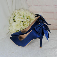 Load image into Gallery viewer, Navy Satin Heels - Handmade Bridal Stiletto Shoes with Sparkling Bow Detail UK4/US6.5