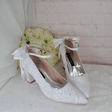 Load image into Gallery viewer, White Embroidered Block Heel Bridal Shoes: Floral Wedding Heels