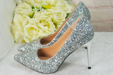 Load image into Gallery viewer, Handmade Silver Glitter Heels: Satin Stiletto Bridal Shoes (UK6 / US8.5)