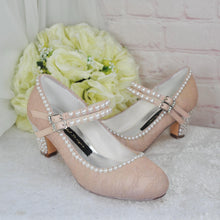 Load image into Gallery viewer, Champagne Bridal Shoes - Vintage Mary Janes with Lace Pearl Heels & 8cm Block Heel - UK3 / US5.5