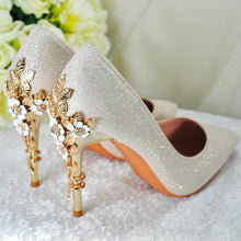 Load image into Gallery viewer, Champagne Gold Wedding Shoes - Handmade Satin Bridal Shimmer Pumps With Cherry Blossom Embellishment • Size UK3/US5.5