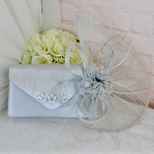 Load image into Gallery viewer, Silver Grey Satin Bridal Shoe Set: Handmade Heels, Clutch & Fascinator