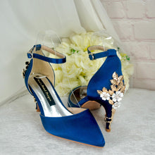 Load image into Gallery viewer, Handmade Navy Satin Bridal Shoes: Cherry Blossom Heel (UK6/US8.5)
