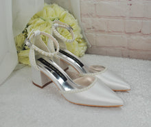 Load image into Gallery viewer, Handmade Ivory Satin Bridal Heels: Pearl Ankle Strap Block Heel Shoes UK4/US6.5