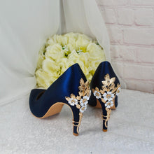 Load image into Gallery viewer, Navy Satin Heels: Silver Floral Cherry Blossom Embellishment