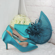 Load image into Gallery viewer, Teal Satin Bridal Set: Handmade Low Heels, Clutch Bag, Fascinator