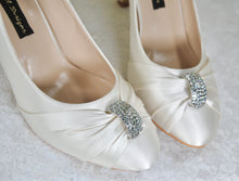 Load image into Gallery viewer, Bridal Satin Heels – Handmade Vegan Wedding Mid Heels with Swarovski Crystal • UK6/US8.5