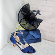 Load image into Gallery viewer, Navy Blue Satin Bridal Set: Heels, Clutch Bag & Fascinator
