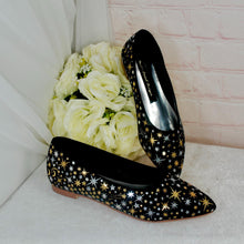 Load image into Gallery viewer, Black Celestial Bridal Flats – Hand-Painted Pointed Wedding Shoes