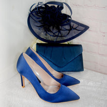 Load image into Gallery viewer, Navy Blue Satin Heel, Clutch & Fascinator Set: Handmade Wedding Guest Outfit
