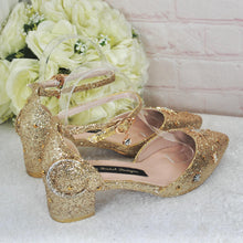 Load image into Gallery viewer, Champagne Gold Glitter Bridal Shoes: Celestial Star & Moon Block Heel Wedding Heels