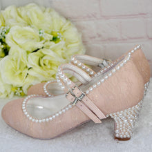 Load image into Gallery viewer, Champagne Bridal Shoes - Vintage Mary Janes with Lace Pearl Heels & 8cm Block Heel - UK3 / US5.5