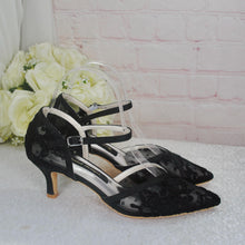 Load image into Gallery viewer, Black Embroidered Lace Kitten Heel Bridal Shoes • UK4 / US6.5