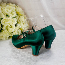 Load image into Gallery viewer, Emerald Green Satin Bridal Shoes: Handmade Block Heel Mary Janes UK5/US7.5