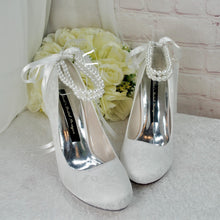 Load image into Gallery viewer, Ivory Lace Bridal Heels: Handmade Wedding Shoes with Pearl Ankle Strap • UK5 / US7.5