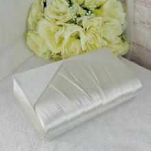 Load image into Gallery viewer, Ivory Satin Bridal Set: Handmade Clutch Bag & Fascinator Hatinator