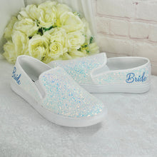 Load image into Gallery viewer, Glitter Wedding Sneakers: Bridal White Iridescent Slip-Ons UK6/US8.5