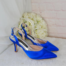 Load image into Gallery viewer, Royal Blue Satin Sling Back Heels, Clutch & Fascinator Set: Handmade Wedding Guest Outfit