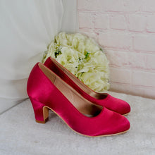 Load image into Gallery viewer, Burgundy Red Satin Block Heels and Clutch Bag Set: Handmade Bridal Shoes