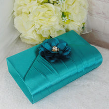Load image into Gallery viewer, Teal Satin Bridal Set: Handmade Clutch, Fascinator Hat & Heels