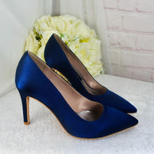 Load image into Gallery viewer, Navy Blue Satin Heel, Clutch & Fascinator Set: Handmade Wedding Guest Outfit